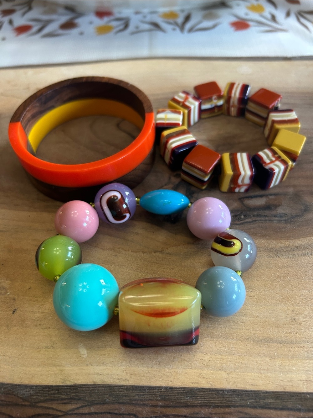 Set of 3 Unbranded Multi Colour Resin Bangle and Striped Bead Bracelets